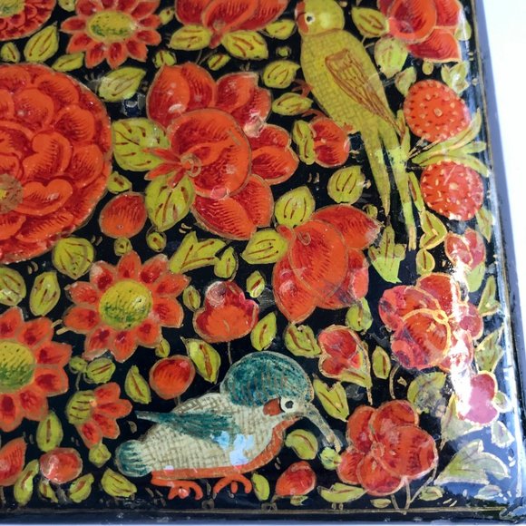 Vintage Russian Lacquer Wood Trinket Box Birds Flowers - Picture 6 of 8